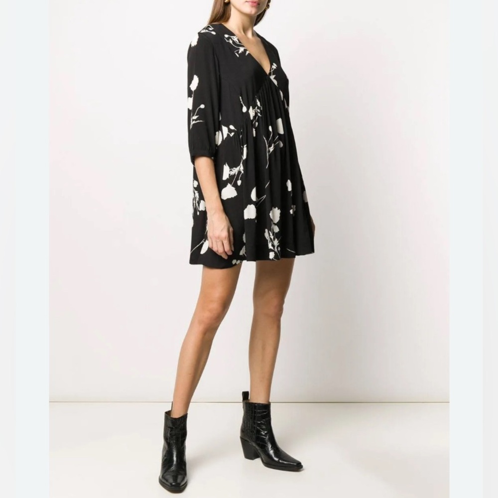 ba&sh Dress Women S Babydoll Floral Pansy Print Mini Ruched Boho Festival Black